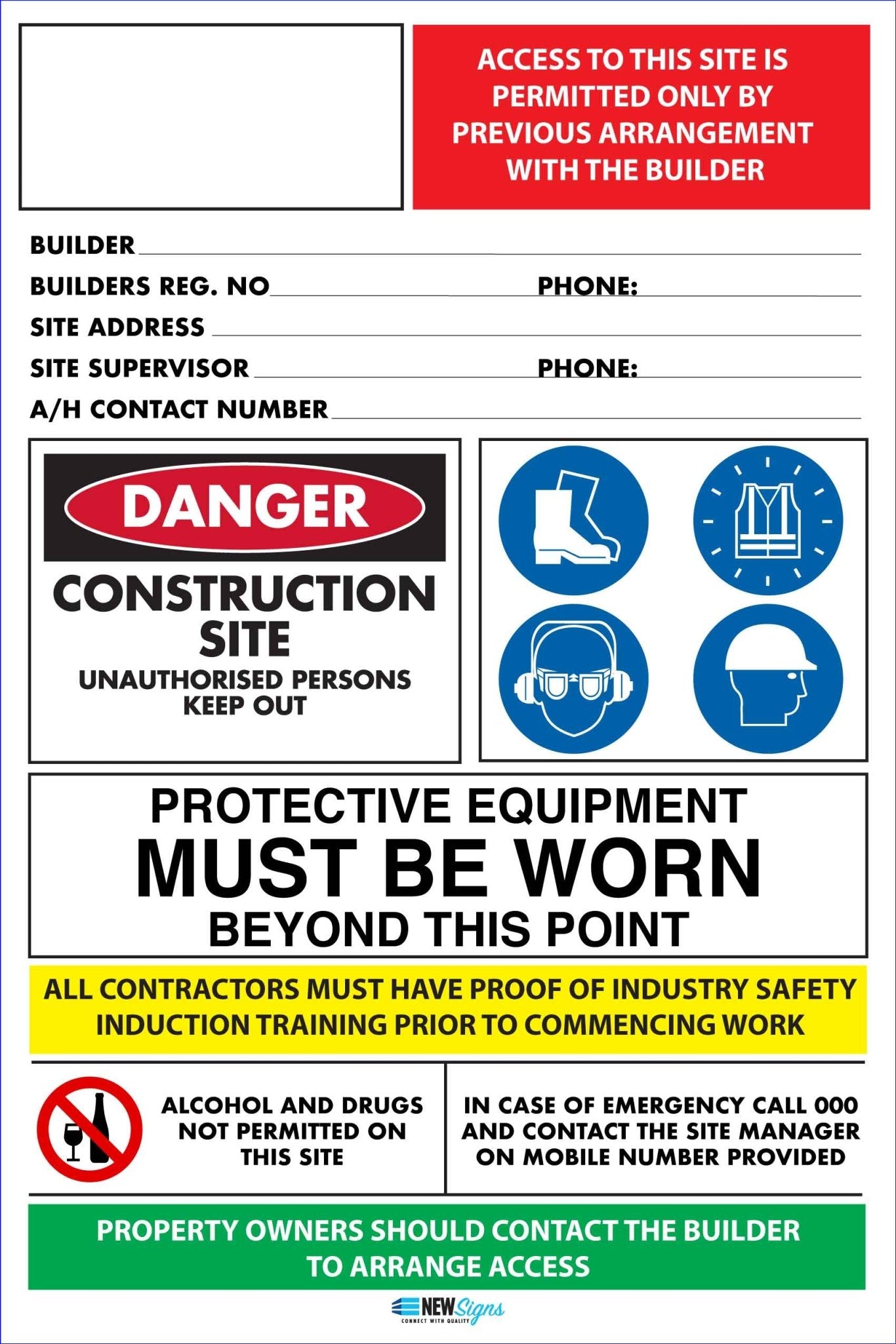 Construction Site Entry Building Sign - New Signs