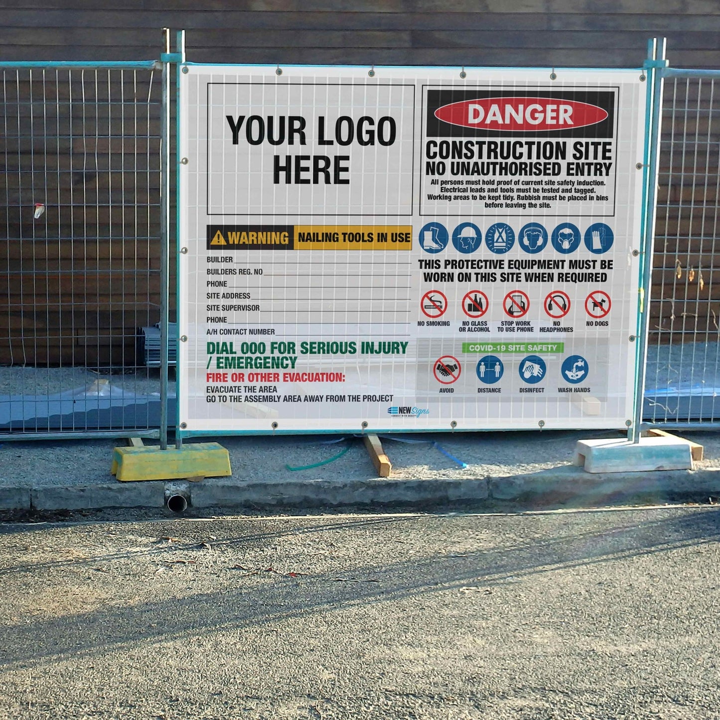 Construction Site Entry Combination and Covid - Mesh Banner - New Signs