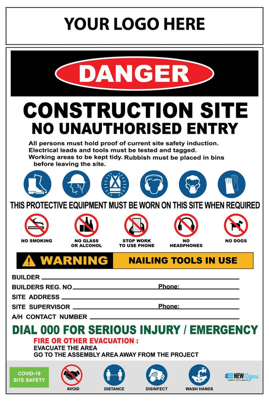 Construction Site Entry Combination and Covid Sign - New Signs