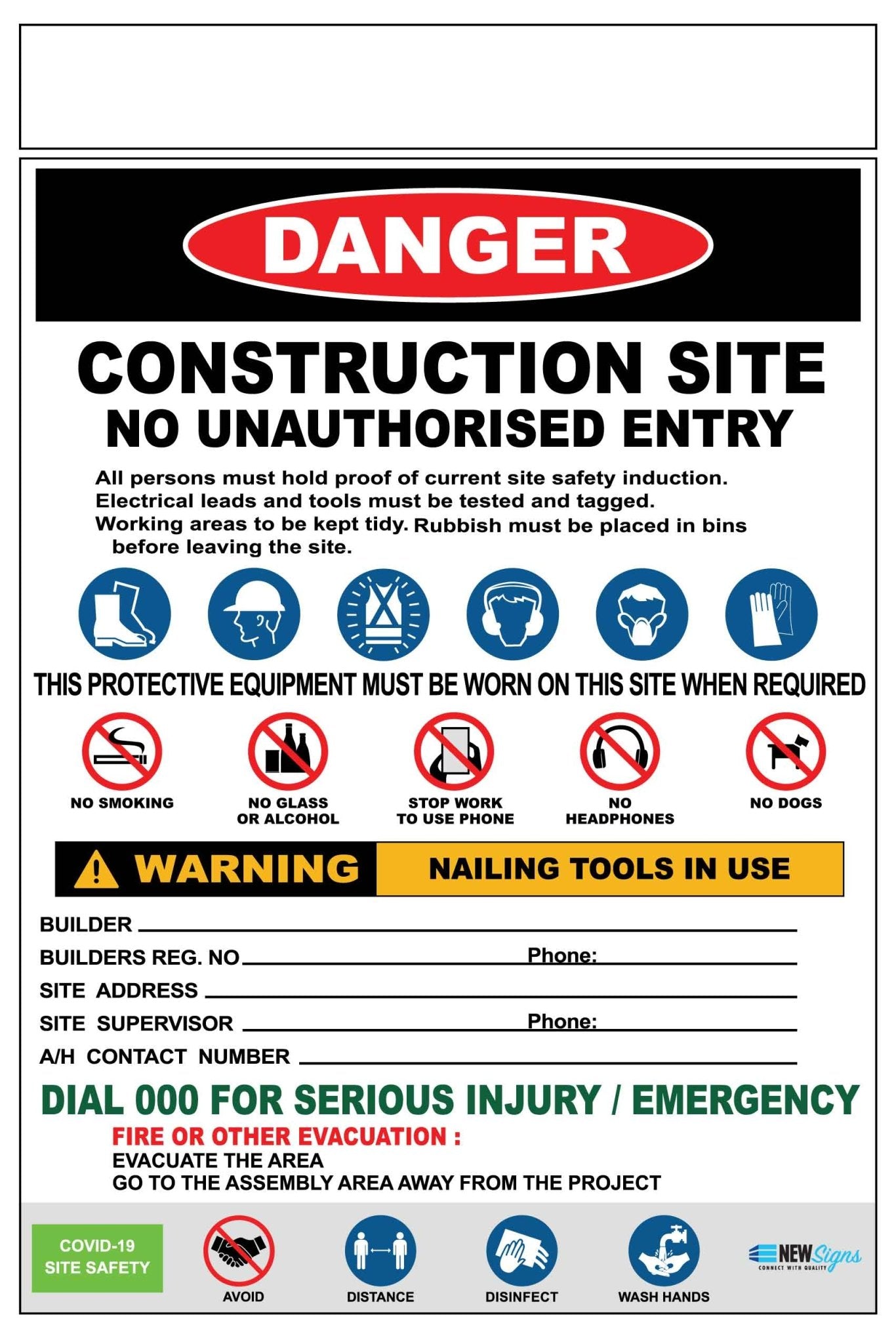 Construction Site Entry Combination and Covid Sign - New Signs