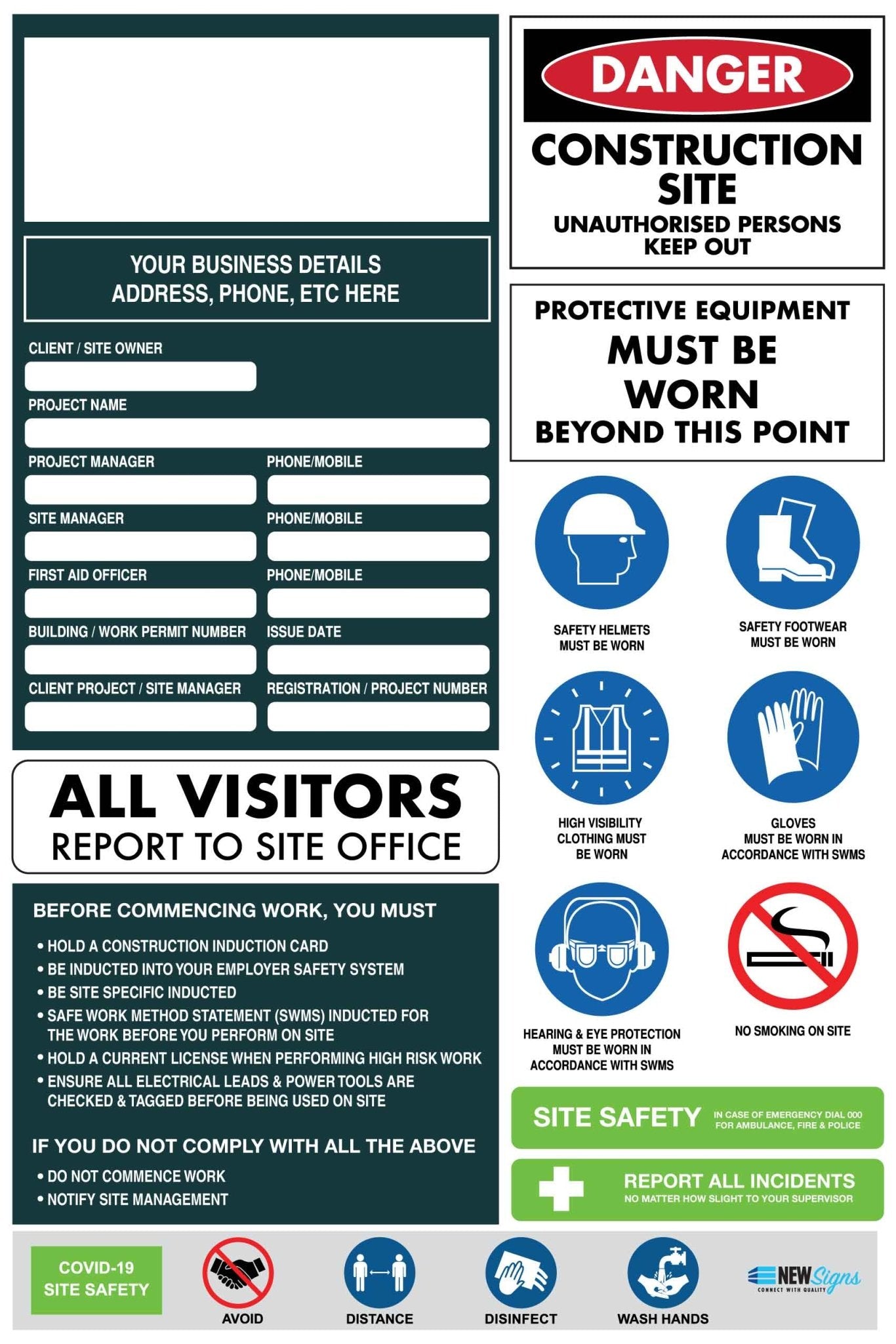 Construction Site Entry Compliance Covid Sign - New Signs