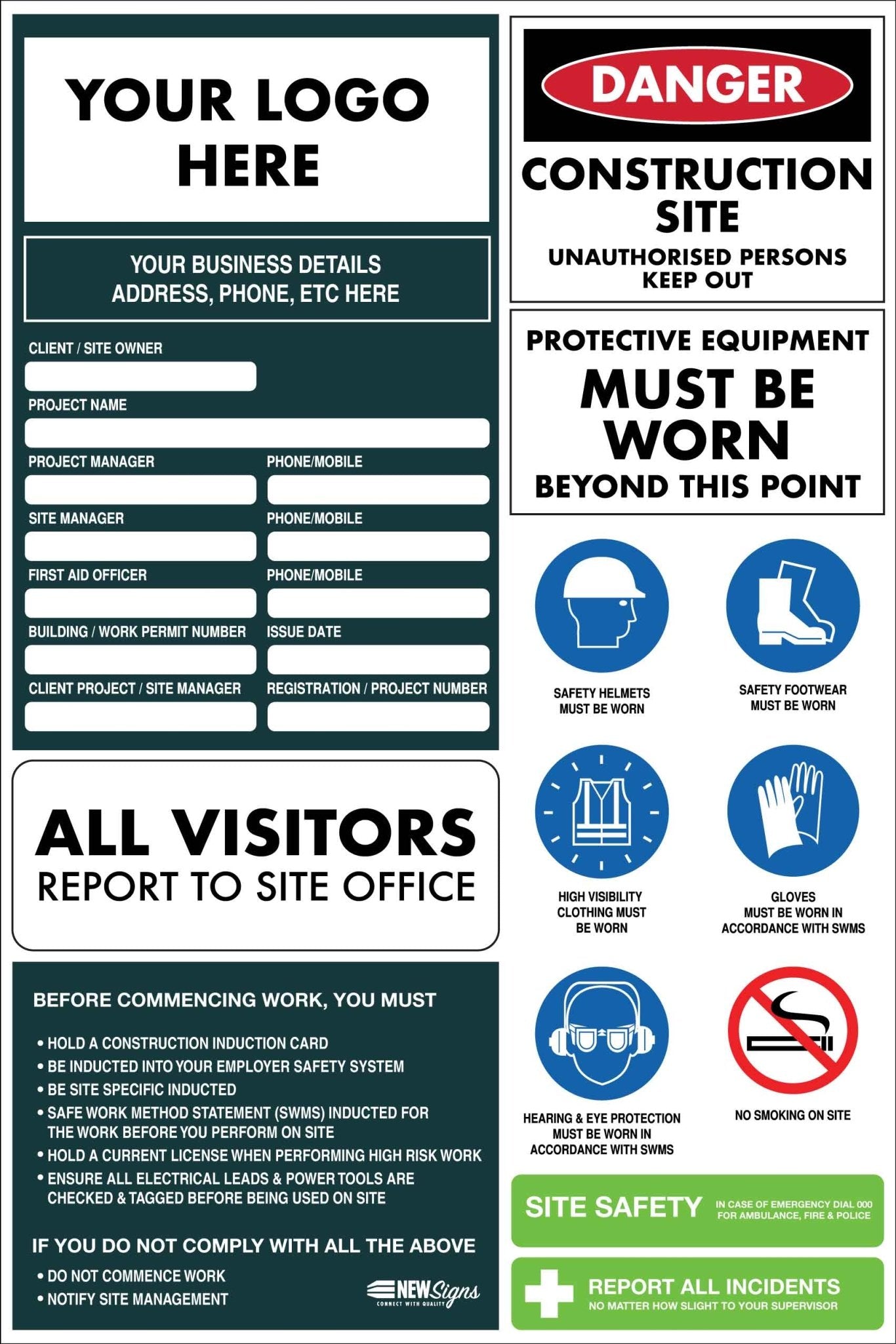 Construction Site Entry Compliance Sign - New Signs
