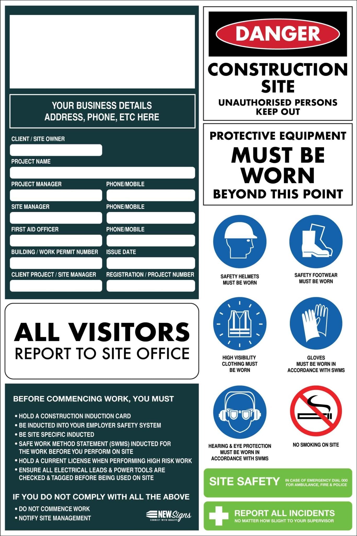Construction Site Entry Compliance Sign - New Signs