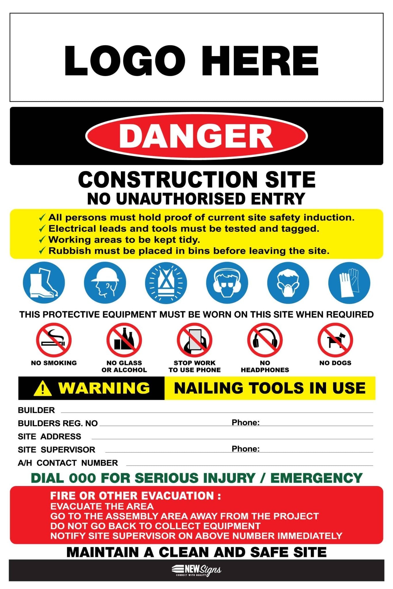Construction Site Entry Danger Combination Logo Sign - New Signs