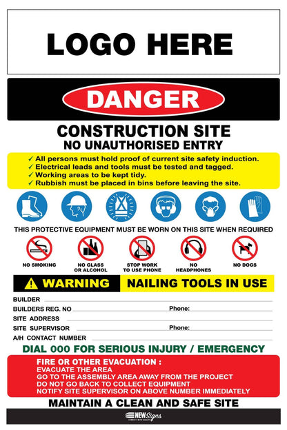 Construction Site Entry Danger Combination Logo Sign - New Signs