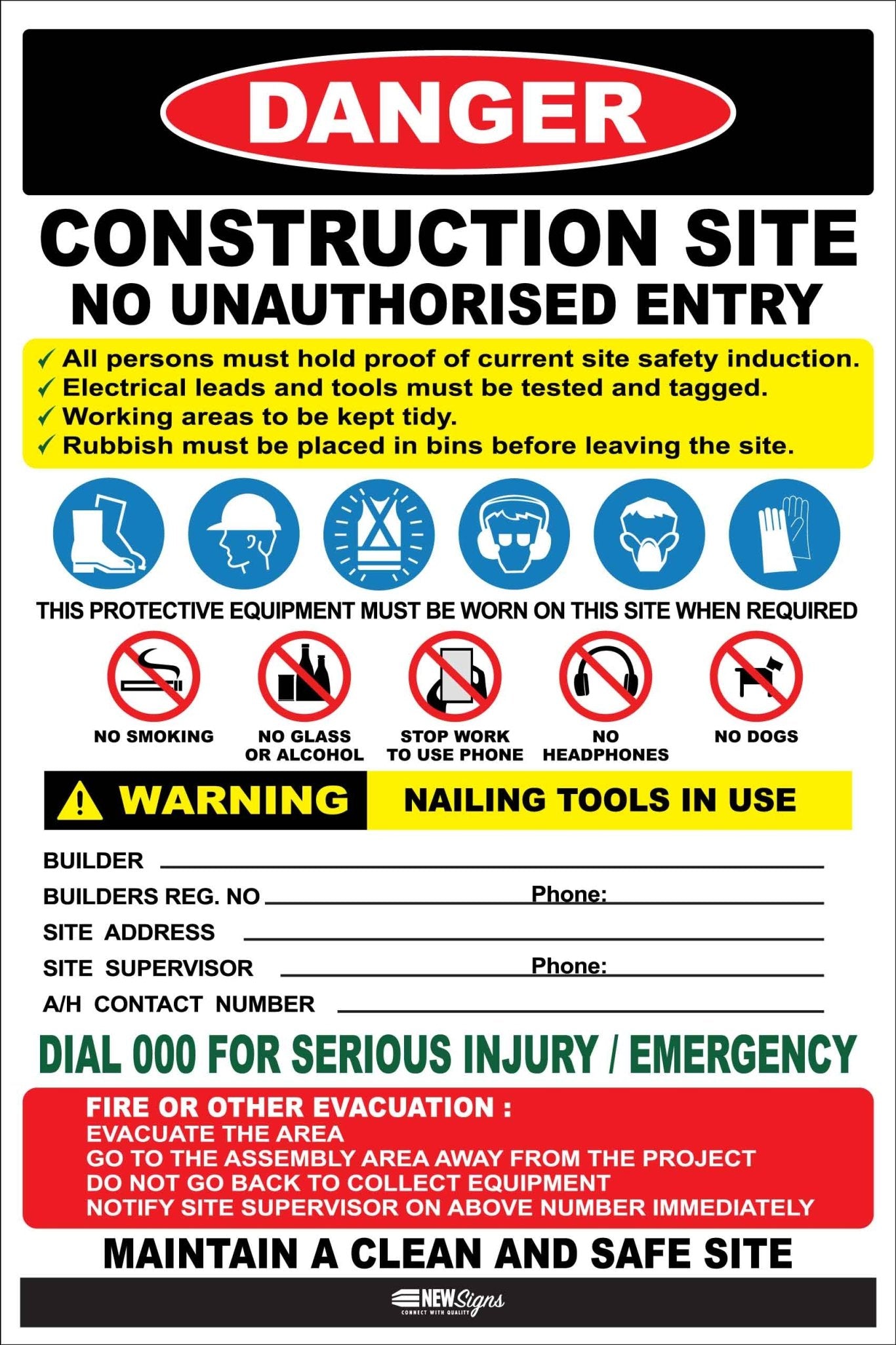 Construction Site Entry Danger Combination No Logo - New Signs