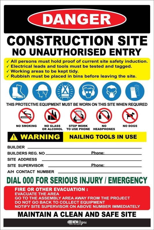 Construction Site Entry Danger Combination No Logo - New Signs