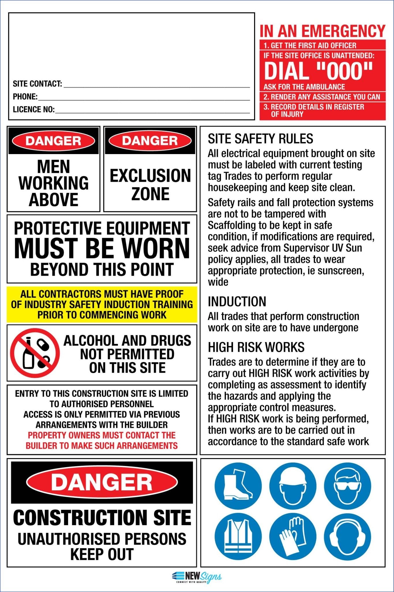 Construction Site Entry High Risk Emergency Logo and Details Sign - New Signs