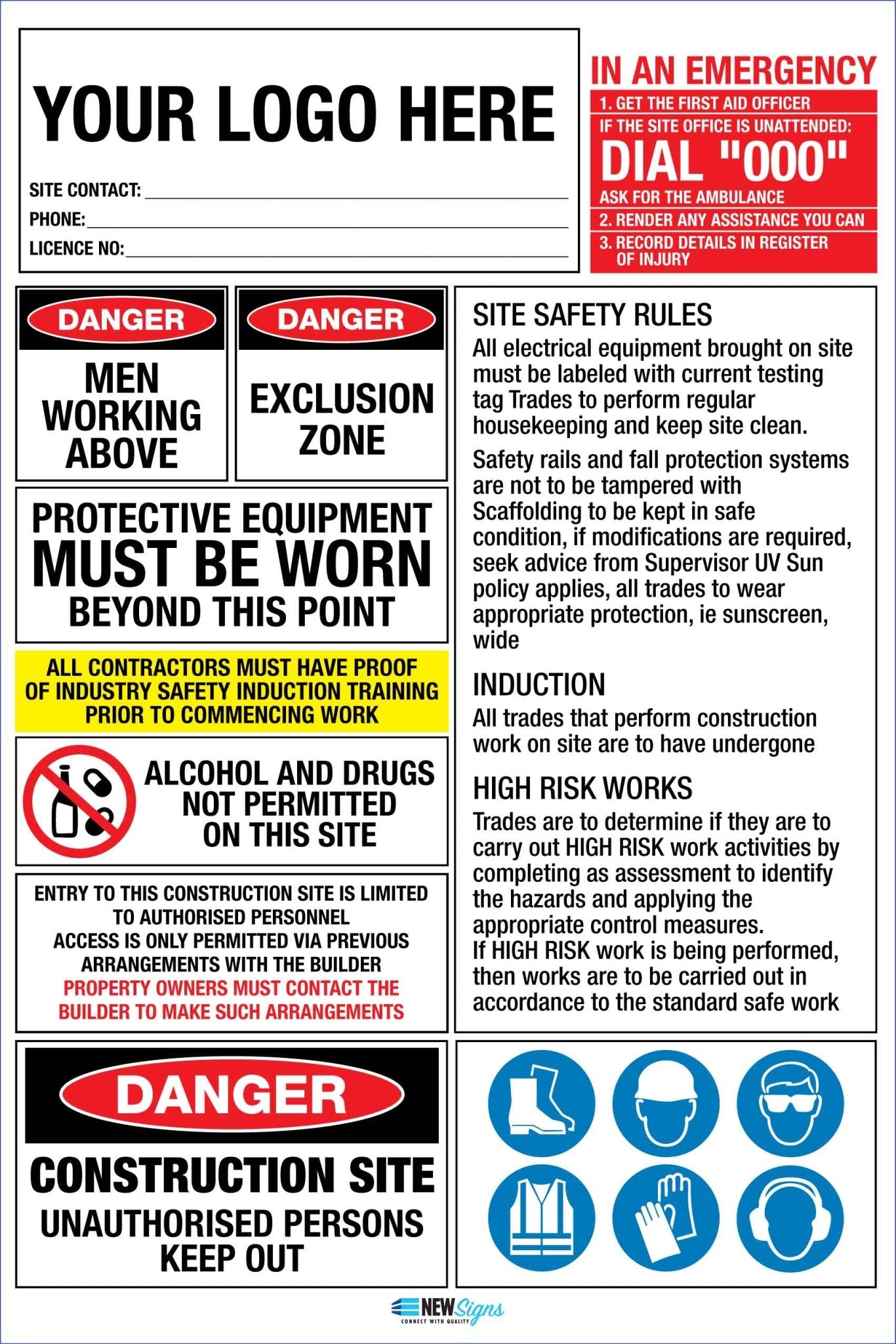 Construction Site Entry High Risk Emergency Logo and Details Sign - New Signs