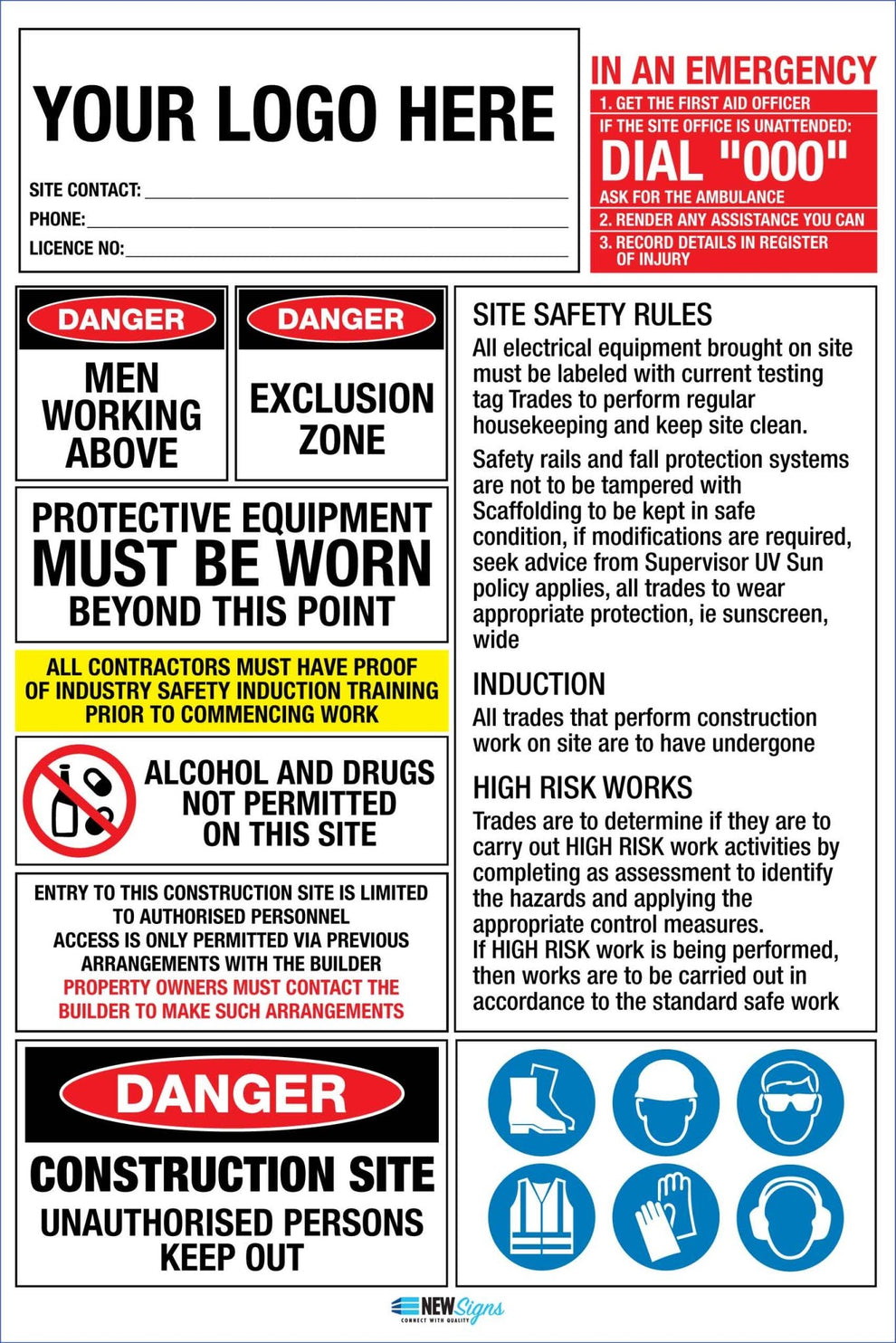 Construction Site Entry High Risk Emergency Logo and Details Sign – New ...