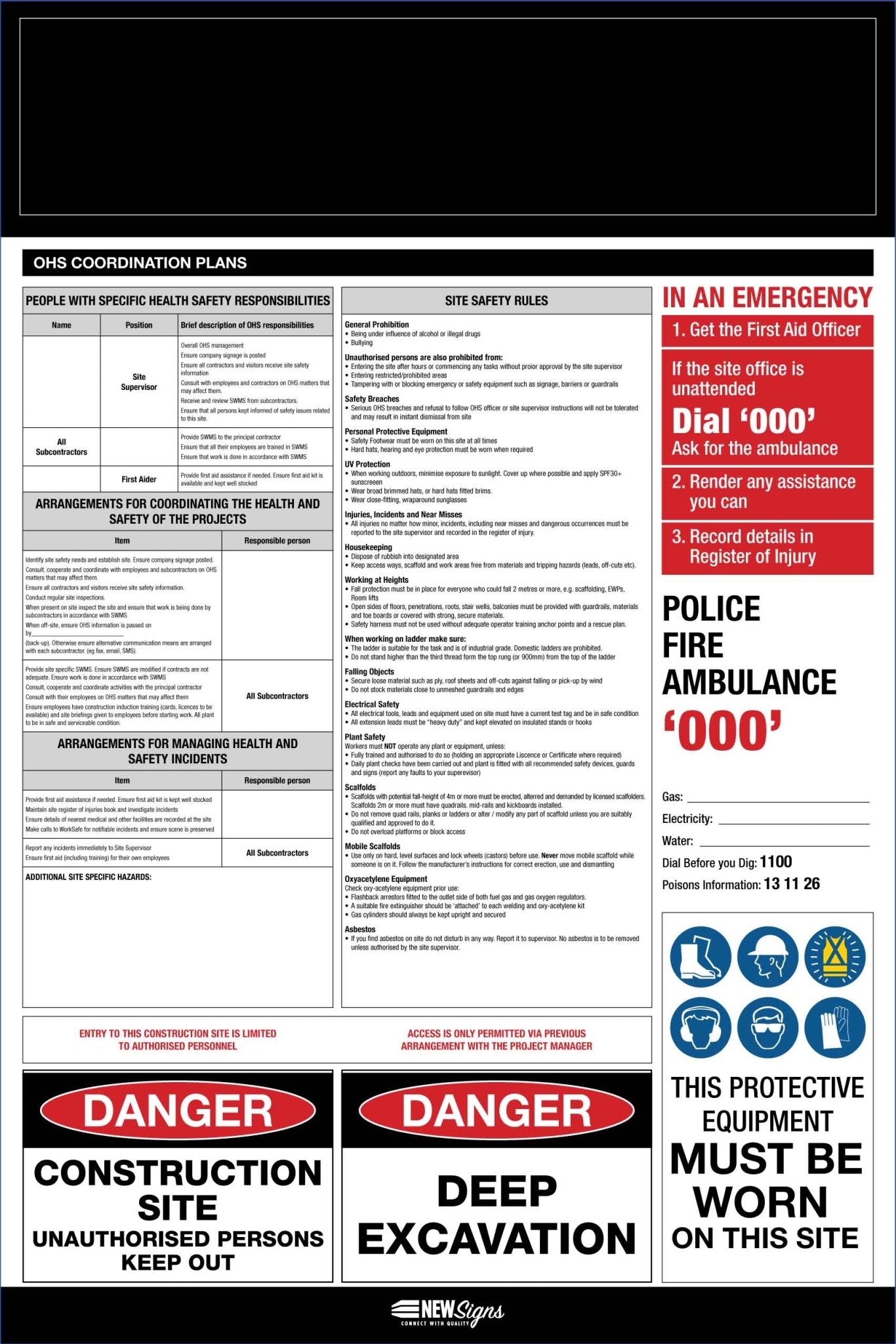 Construction Site Entry OHS and Safety Co - Ordination Plan Sign - New Signs