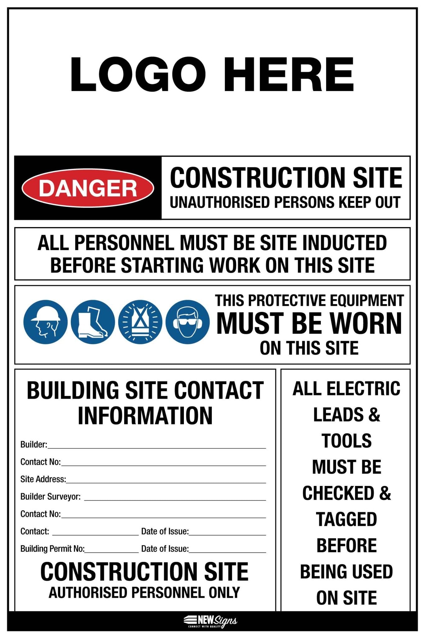 Construction Site Entry PPE Building Sign - New Signs