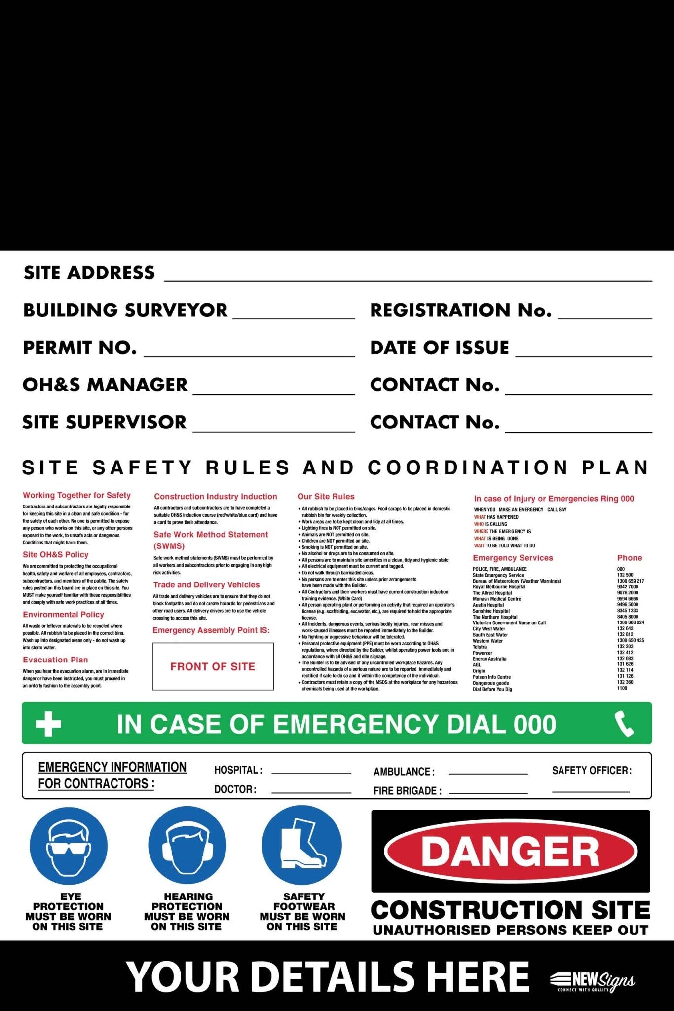 Construction Site Entry Safety Rules And Co - Ordination Plan Sign - New Signs