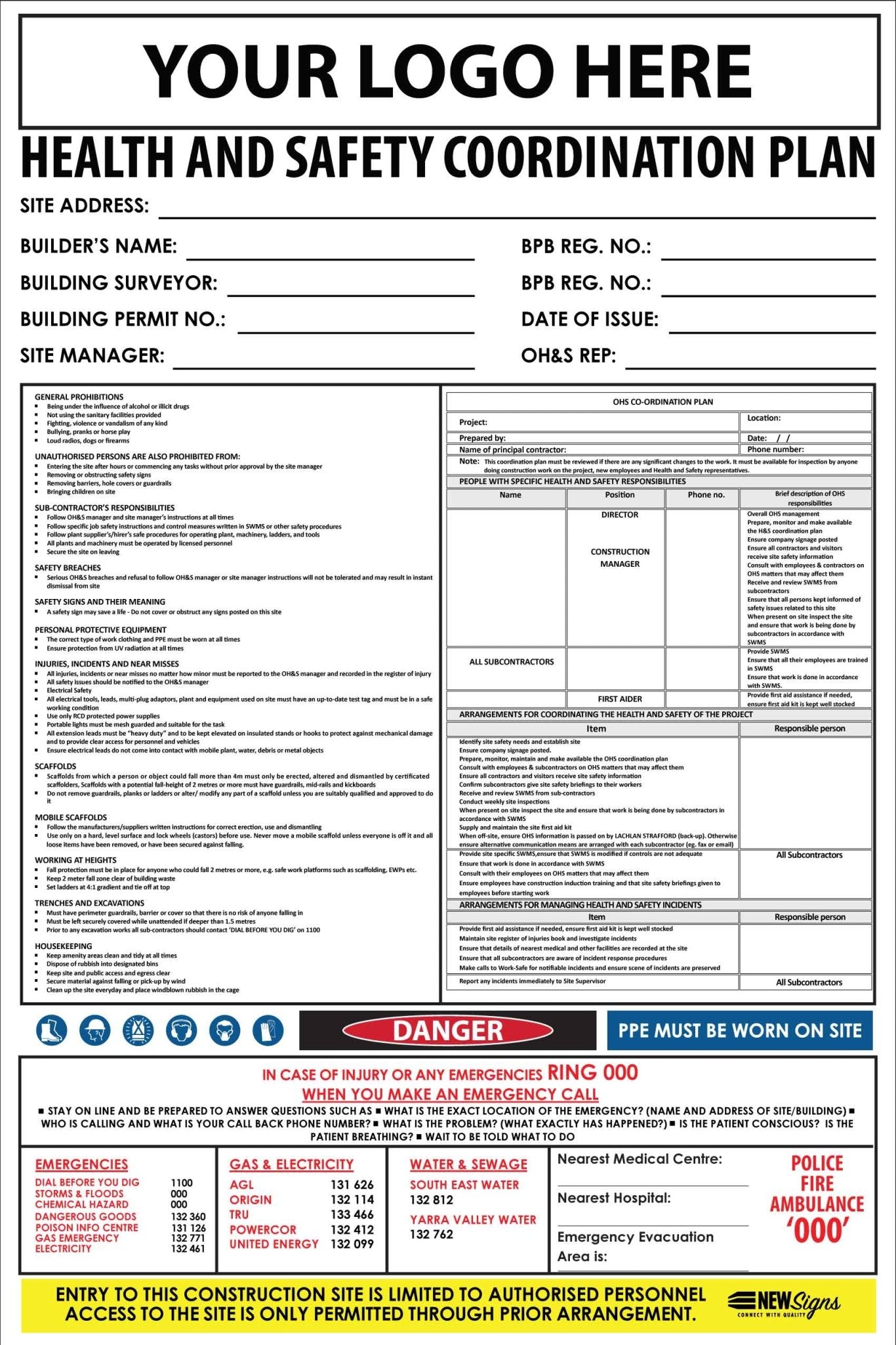 Construction Site Entry Sign Health and Safety Co - Ordination Plan Sign - New Signs