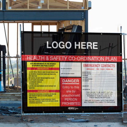 Construction Site Entry Sign Health and Safety Danger Co - Ordination Plan - Mesh Banner - New Signs