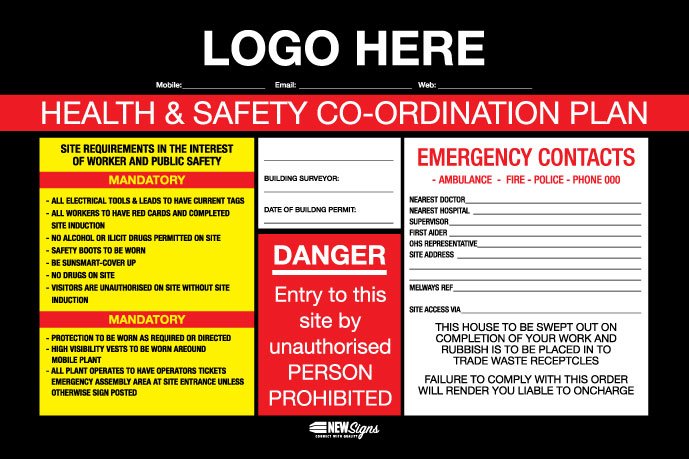 Construction Site Entry Sign Health and Safety Danger Co - Ordination Plan - Mesh Banner - New Signs