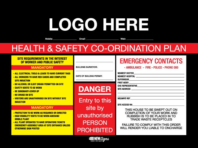 Construction Site Entry Sign Health and Safety Danger Co - Ordination Plan - Mesh Banner - New Signs