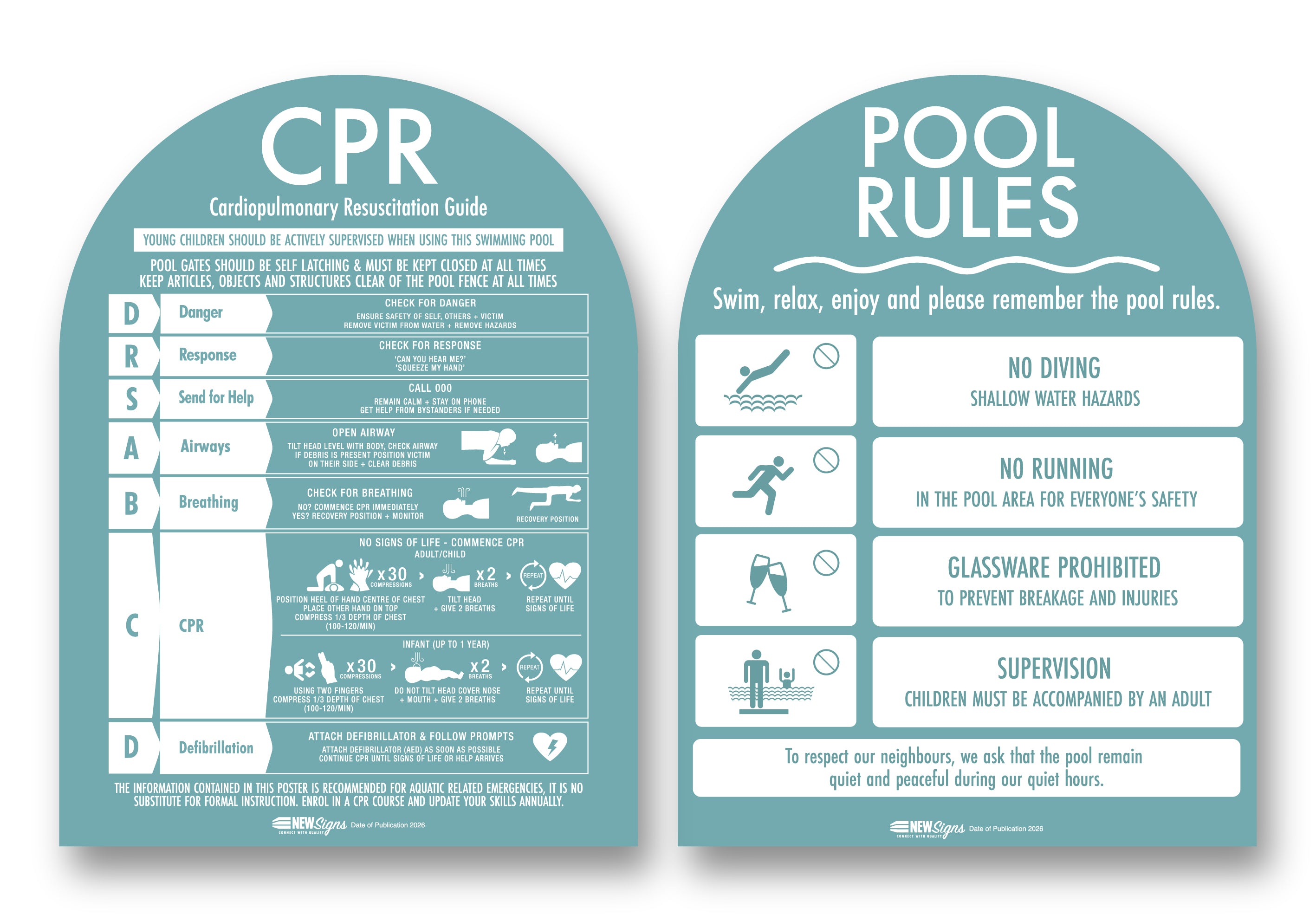 CPR Sign & Pool Rules Sign Pack Arch Aqua Background – New Signs
