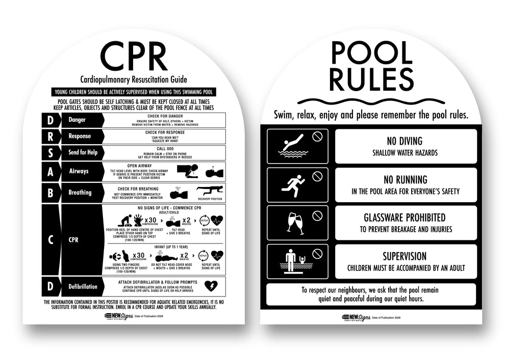 CPR Sign & Pool Rules Sign Pack Arch Black – New Signs