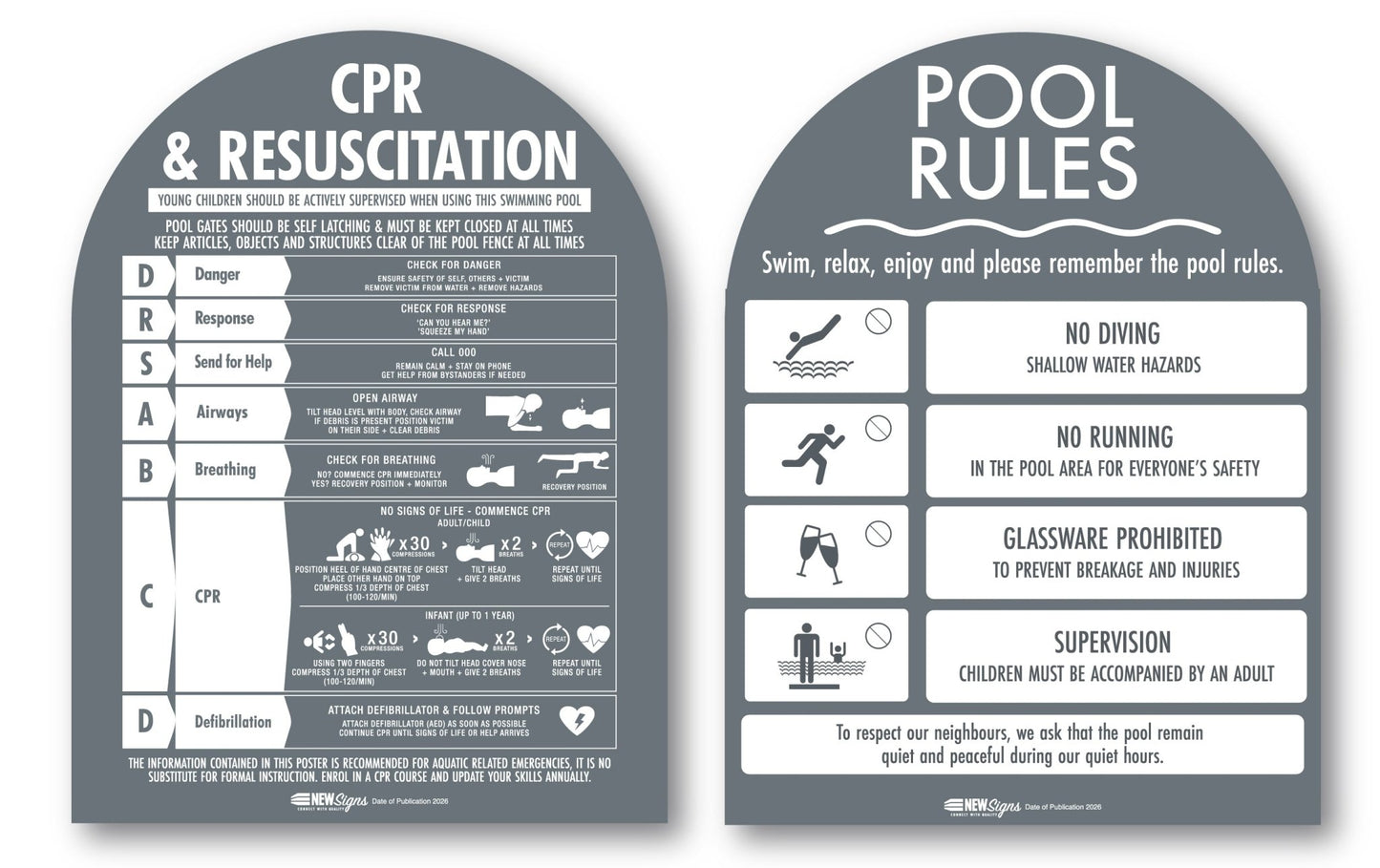 CPR Sign & Pool Rules Sign Pack Arch Charcoal Background - New Signs