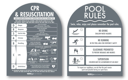 CPR Sign & Pool Rules Sign Pack Arch Charcoal Background - New Signs