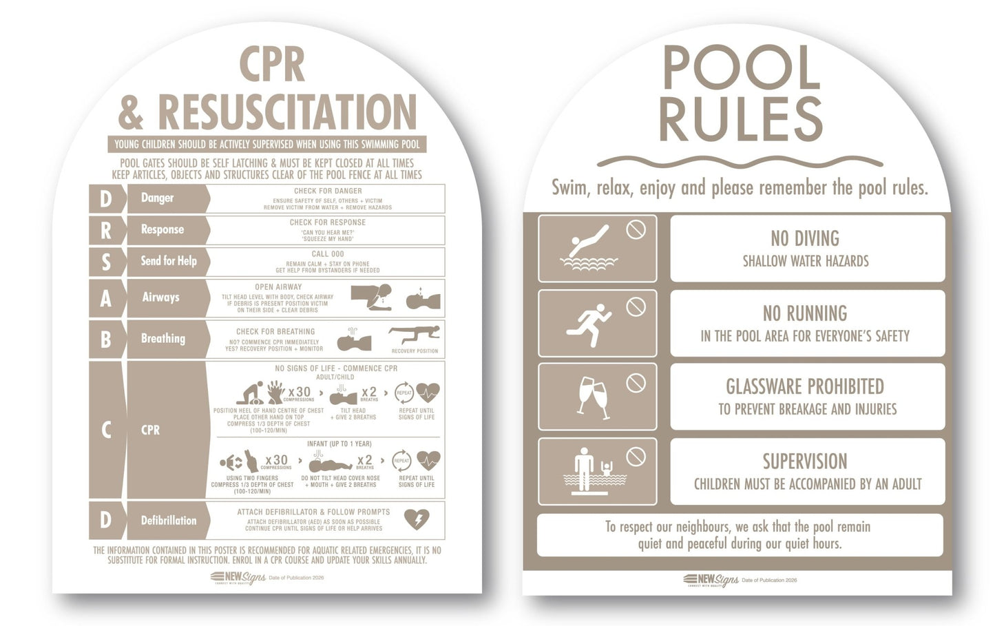 CPR Sign & Pool Rules Sign Pack Arch Fawn - New Signs