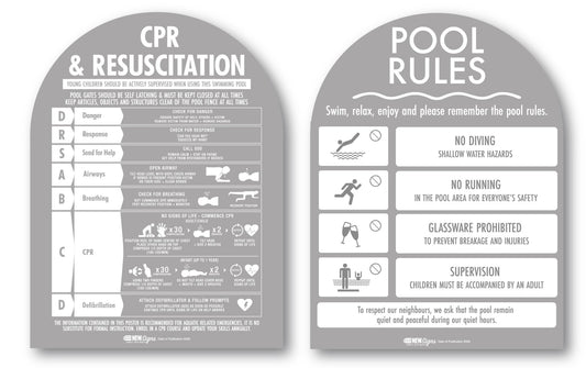 CPR Sign & Pool Rules Sign Pack Arch Grey Background - New Signs