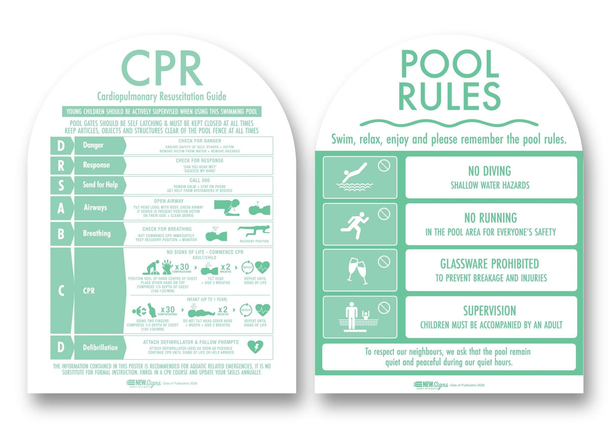 CPR Sign & Pool Rules Sign Pack Arch Mint - New Signs