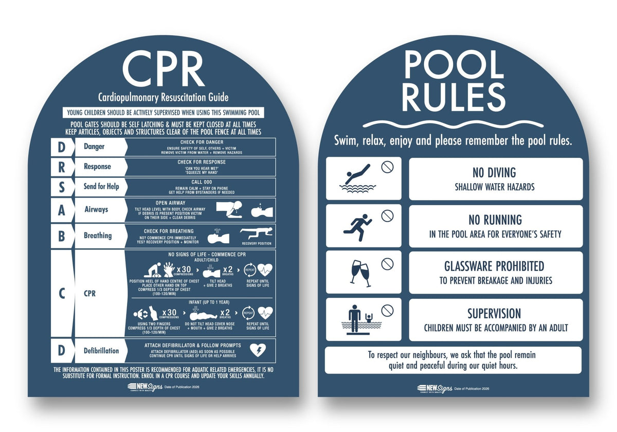 CPR Sign & Pool Rules Sign Pack Arch Navy Background - New Signs