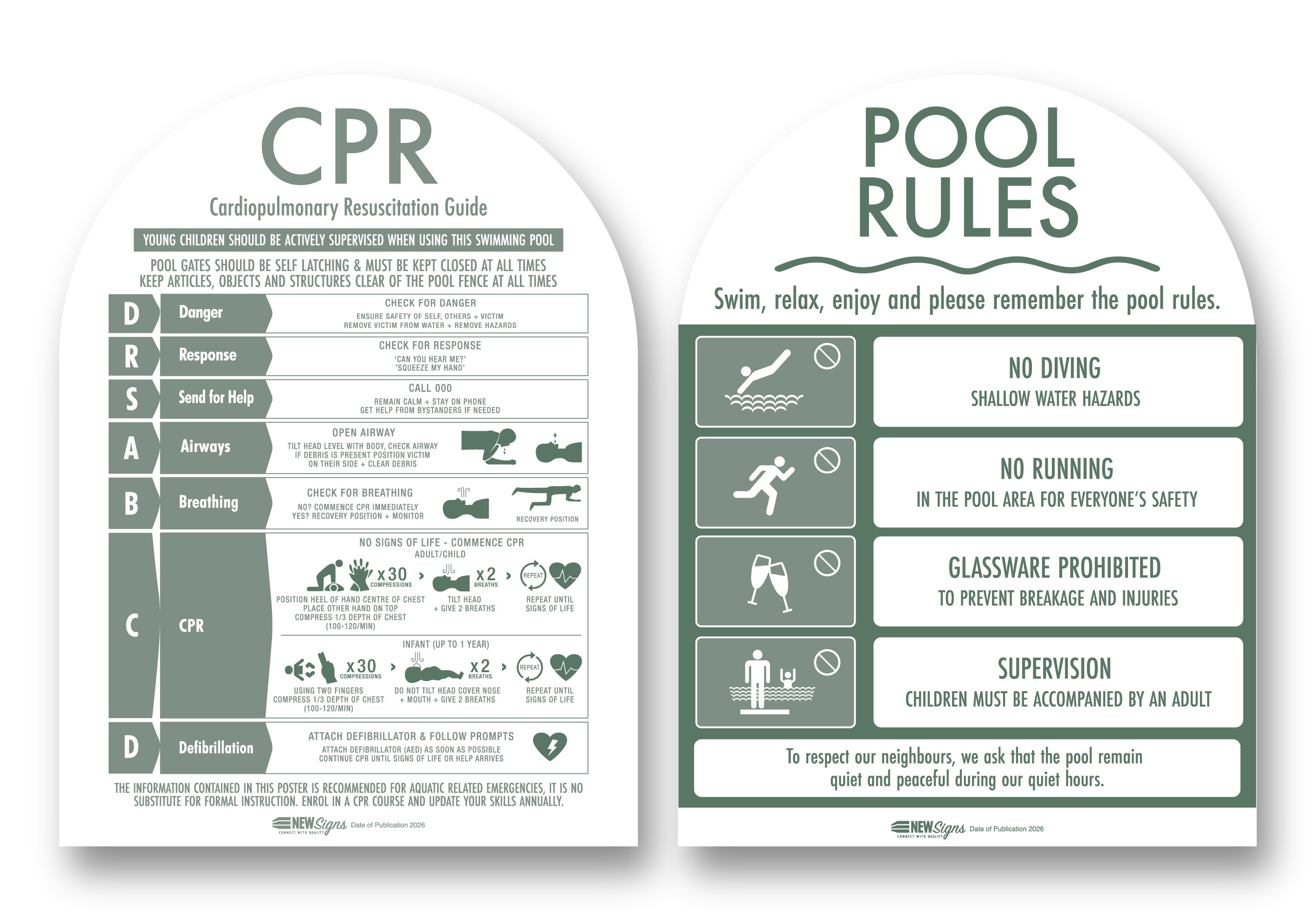 CPR Sign & Pool Rules Sign Pack Arch Sage – New Signs