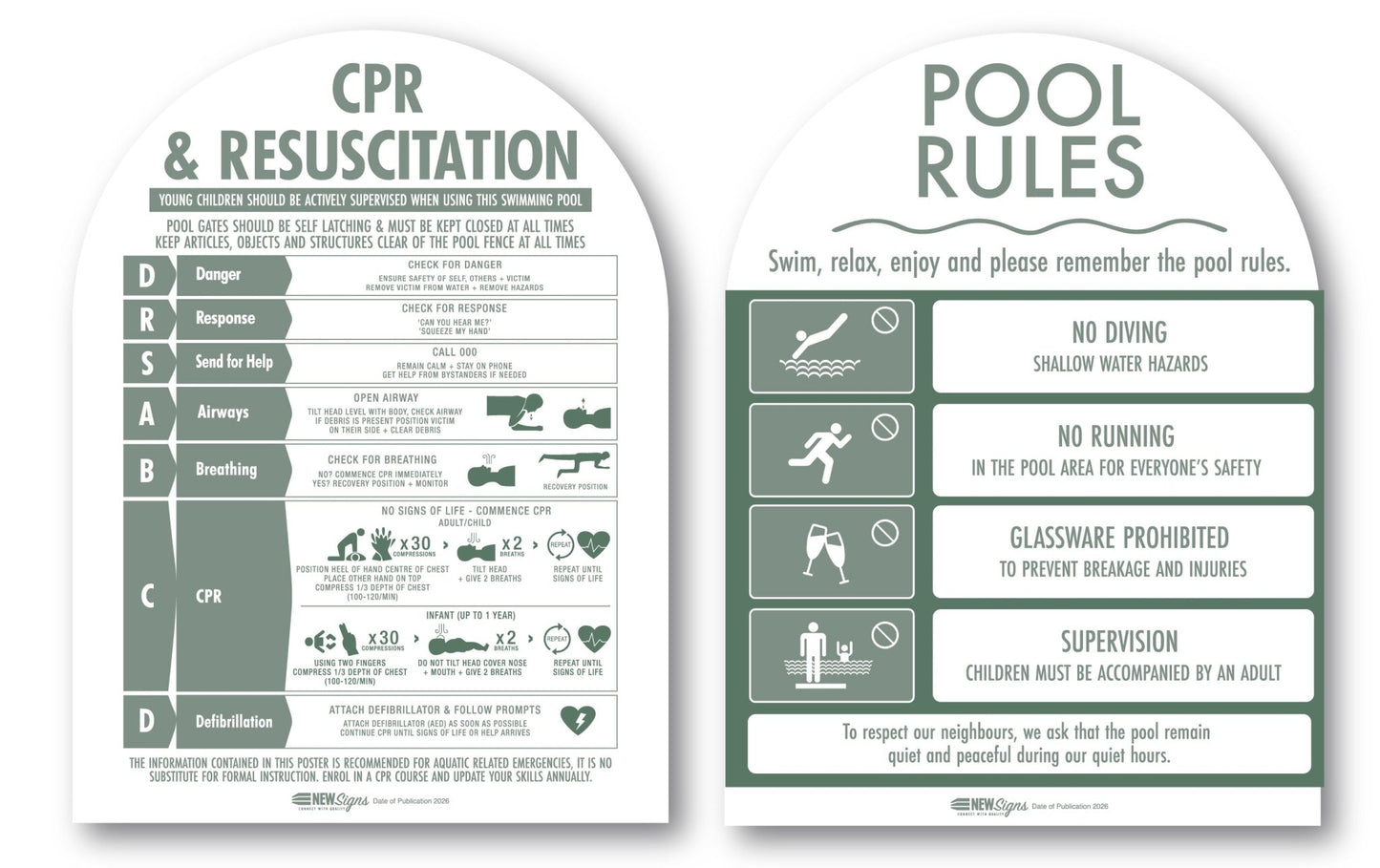 CPR Sign & Pool Rules Sign Pack Arch Sage - New Signs