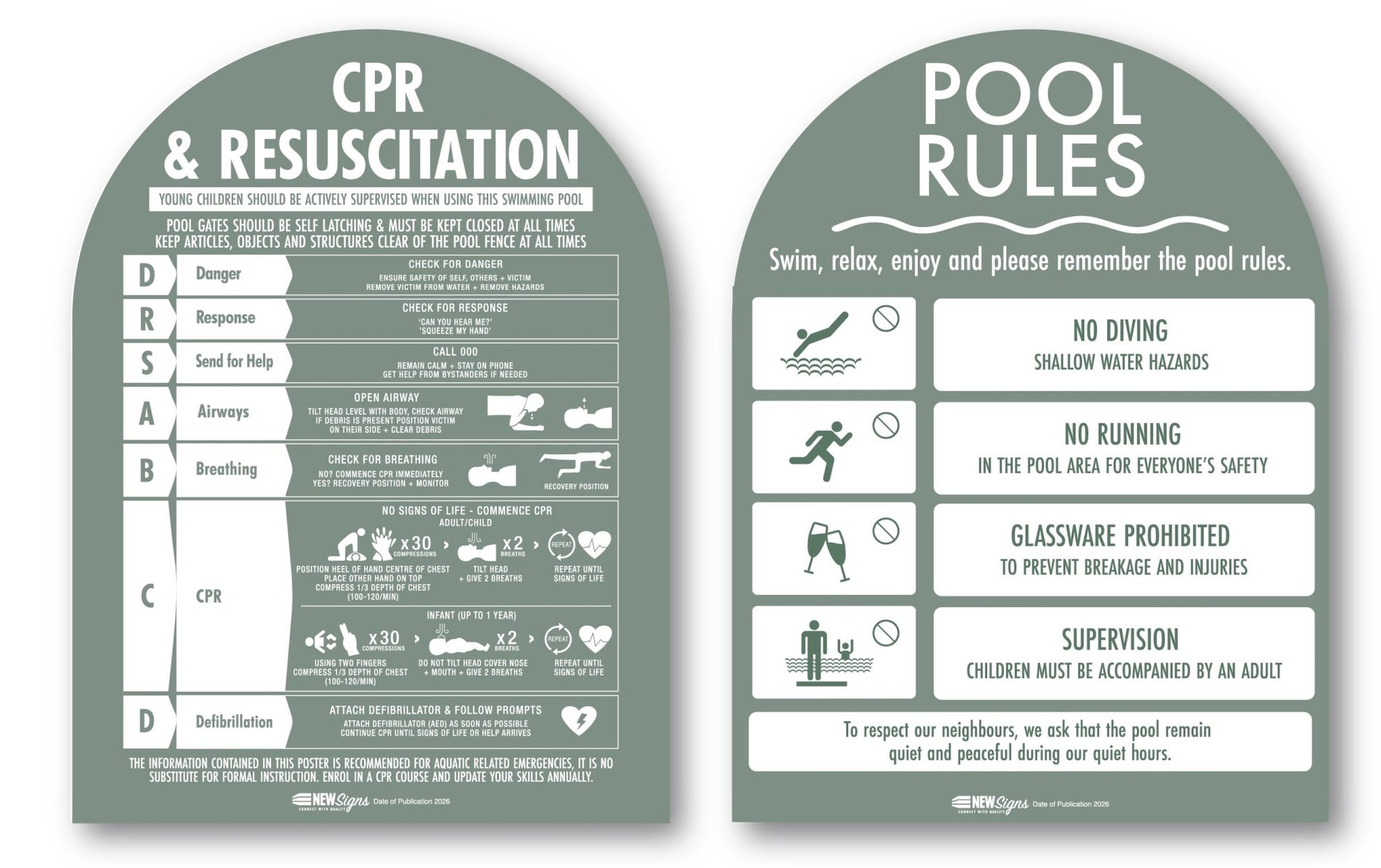CPR Sign & Pool Rules Sign Pack Arch Sage Background - New Signs