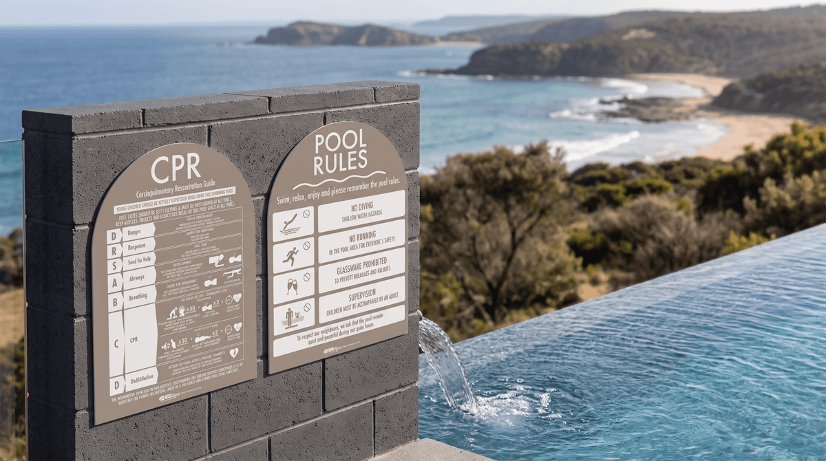 CPR Sign & Pool Rules Sign Pack Arch Timber Background - New Signs