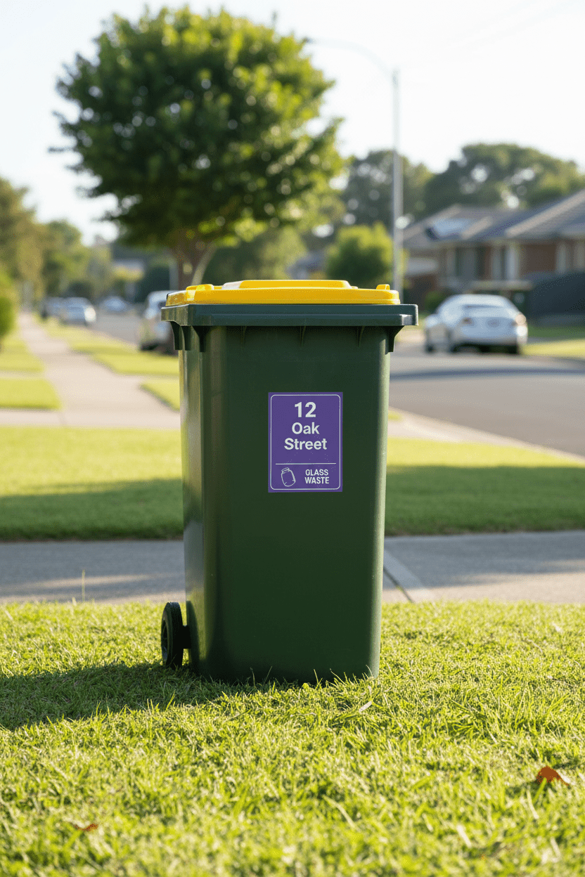 Custom Address & Glass Waste Wheelie Bin Stickers - New Signs