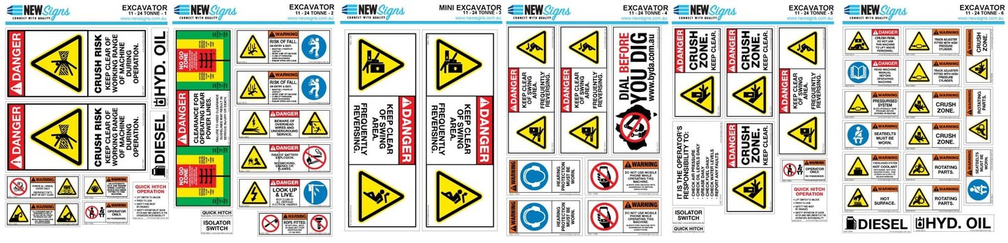 Excavator Under 11 - 24 Tonnes Machine Safety Sticker Set - New Signs