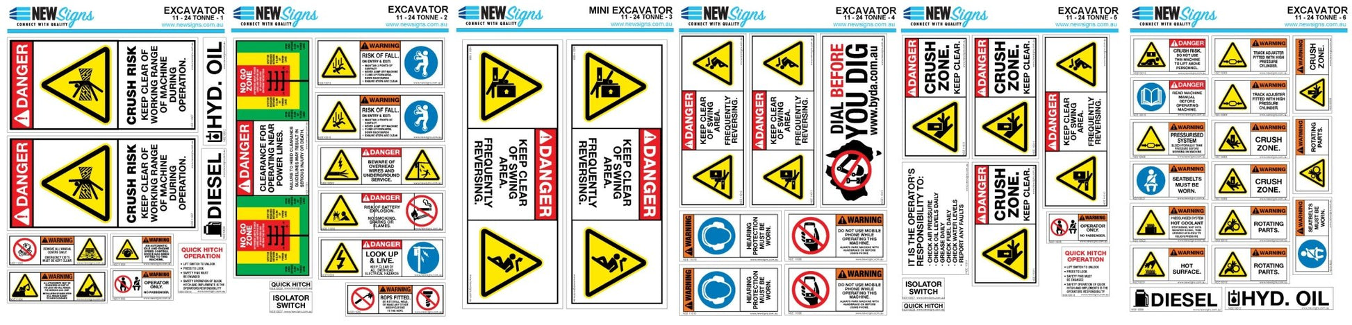 Excavator Under 11 - 24 Tonnes Machine Safety Sticker Set - New Signs