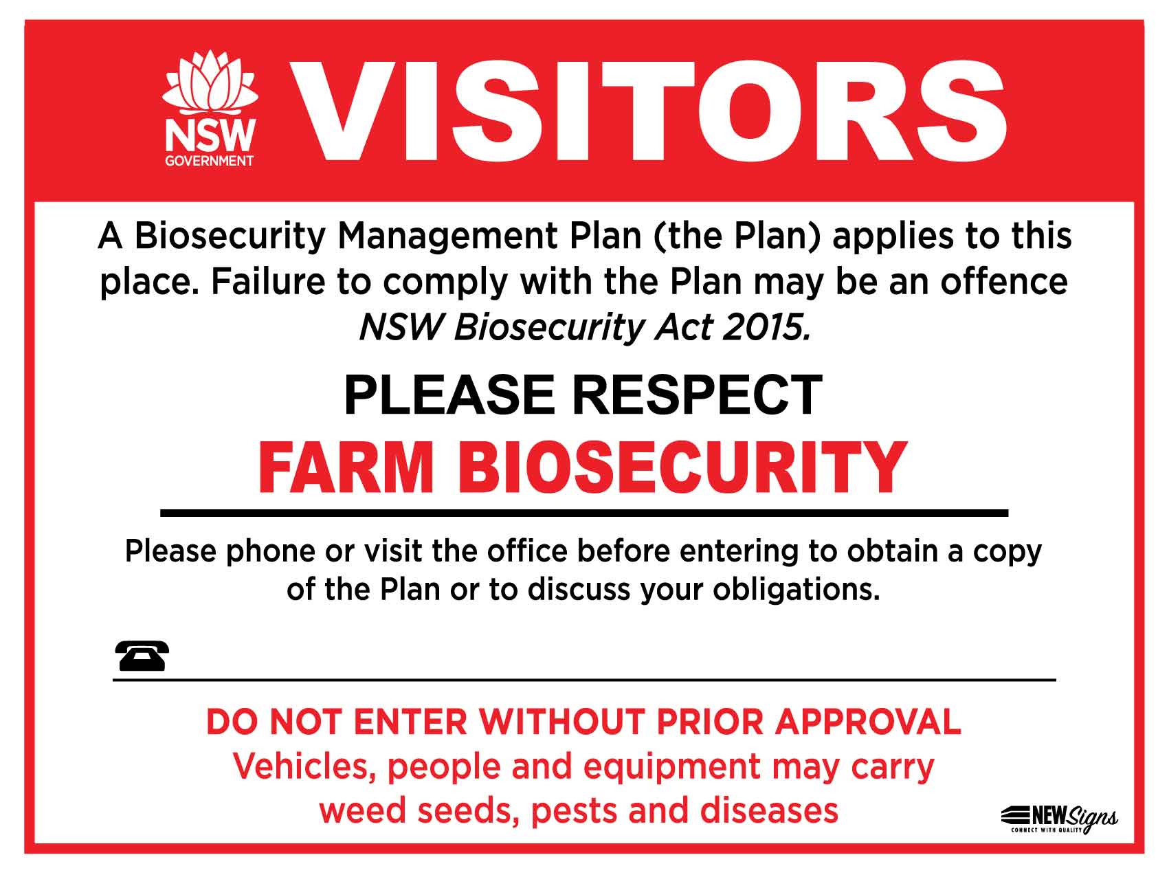 Farm Biosecurity Visitors NSW Management Plan Sign - New Signs