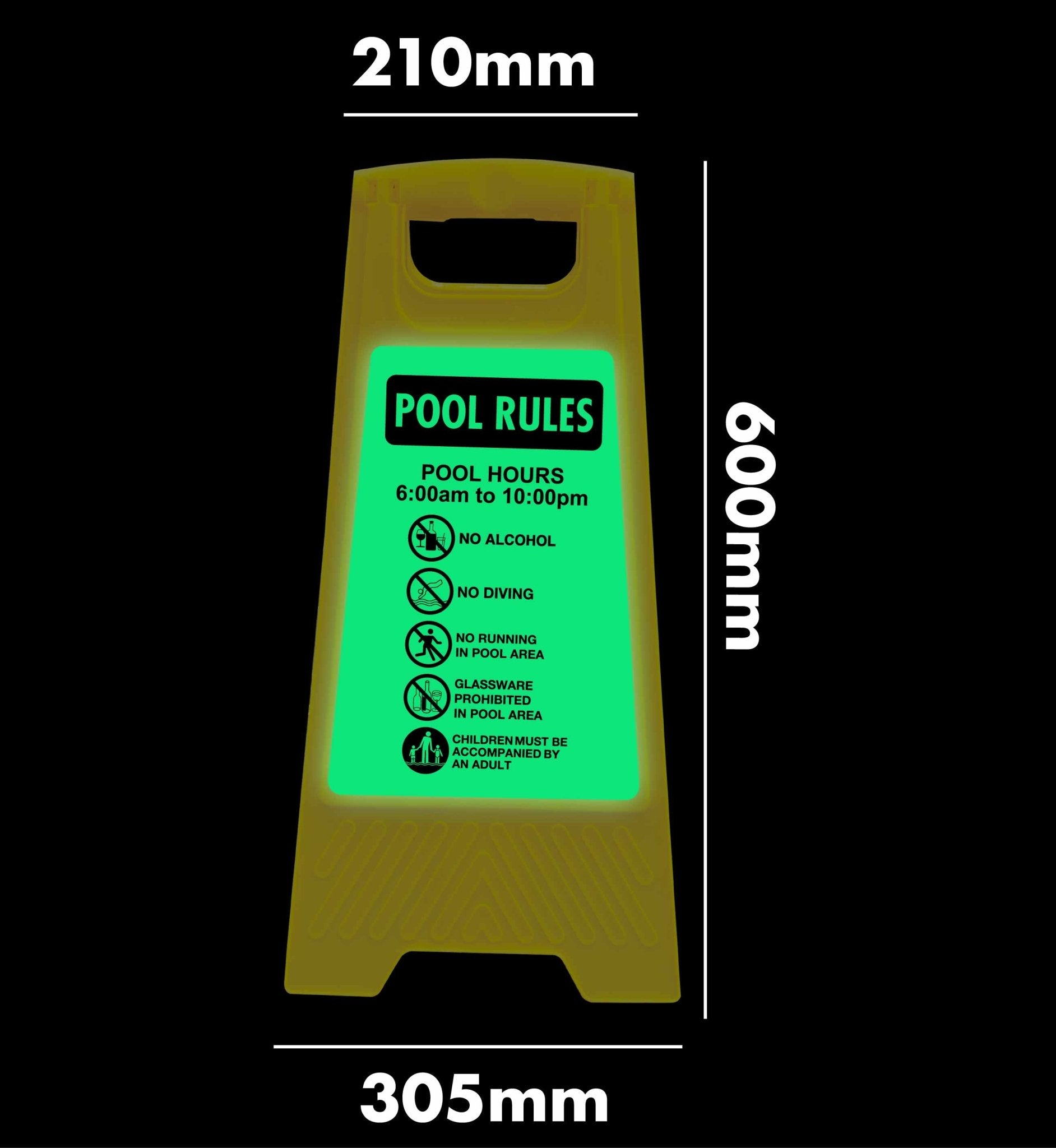 Glow In The Dark - Yellow A - Frame - Pool Rules 1 Pool Hours 6am - 10pm - New Signs