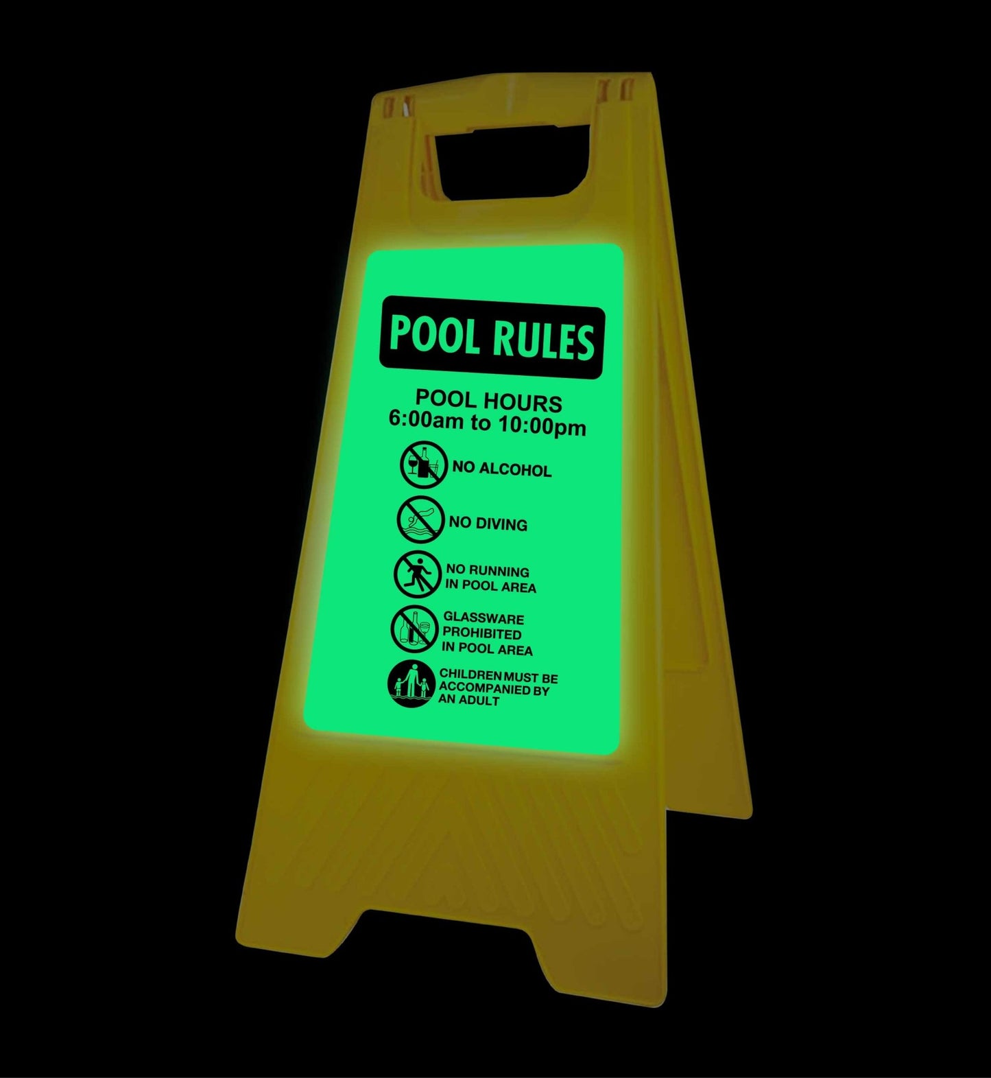 Glow In The Dark - Yellow A - Frame - Pool Rules 1 Pool Hours 6am - 10pm - New Signs