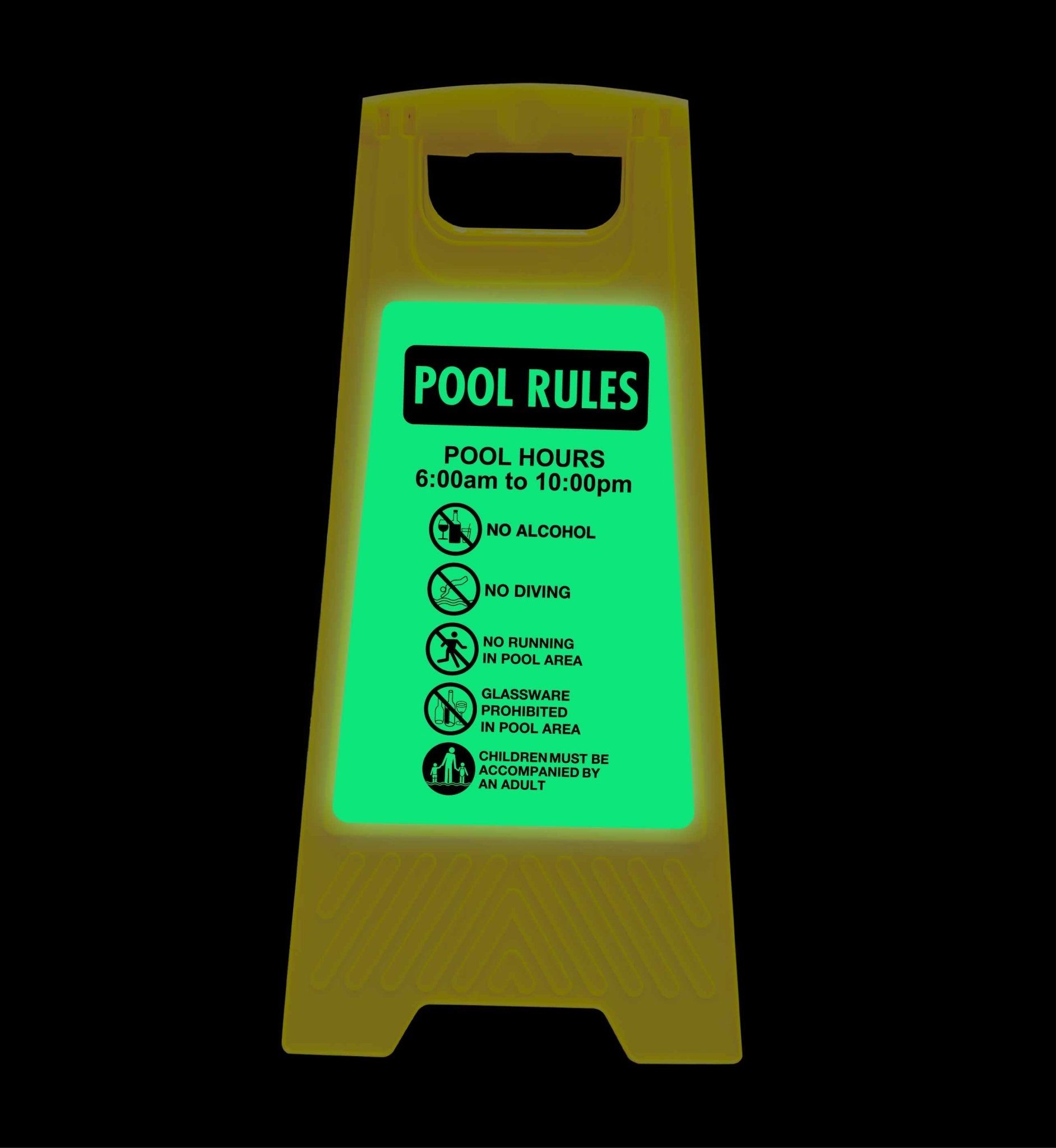 Glow In The Dark - Yellow A - Frame - Pool Rules 1 Pool Hours 6am - 10pm - New Signs