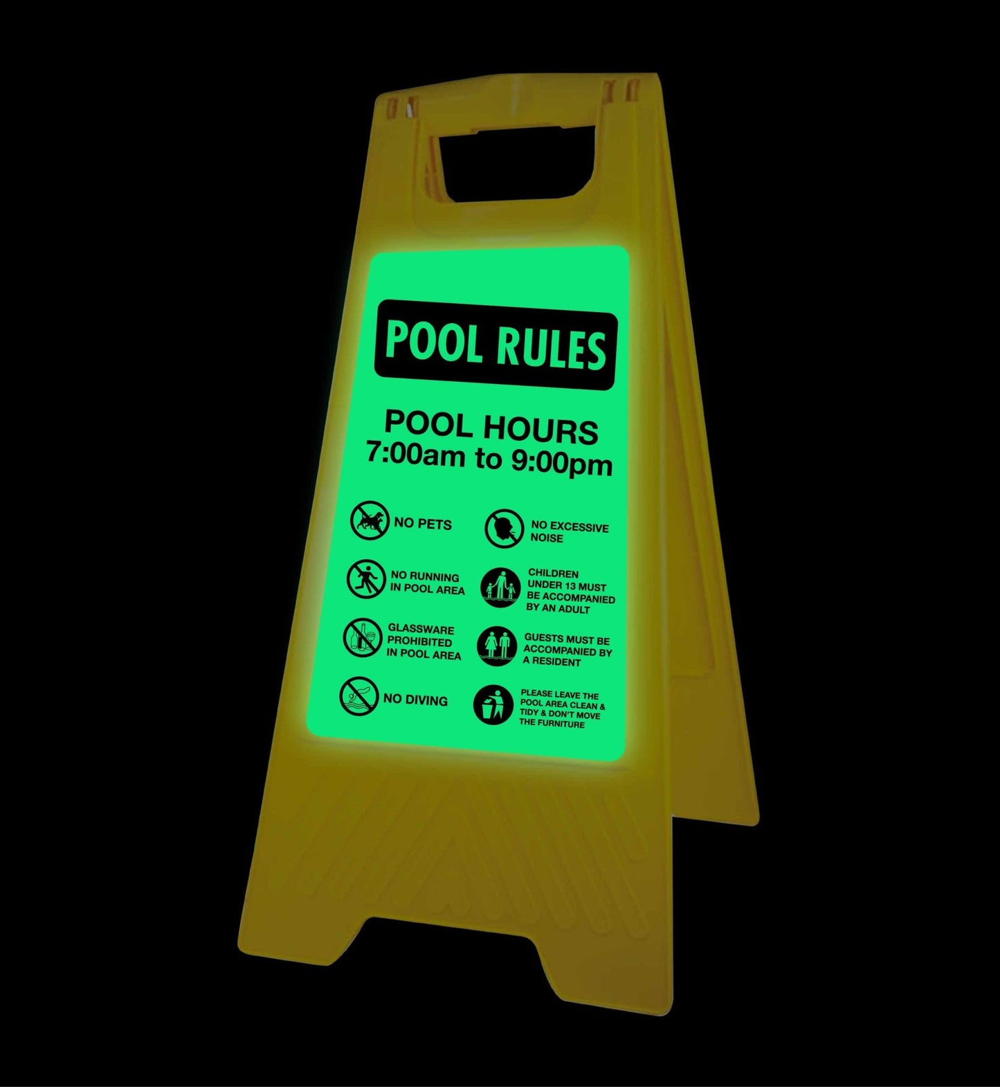 Glow In The Dark - Yellow A - Frame - Pool Rules 1 Pool Hours 7am - 9pm - New Signs