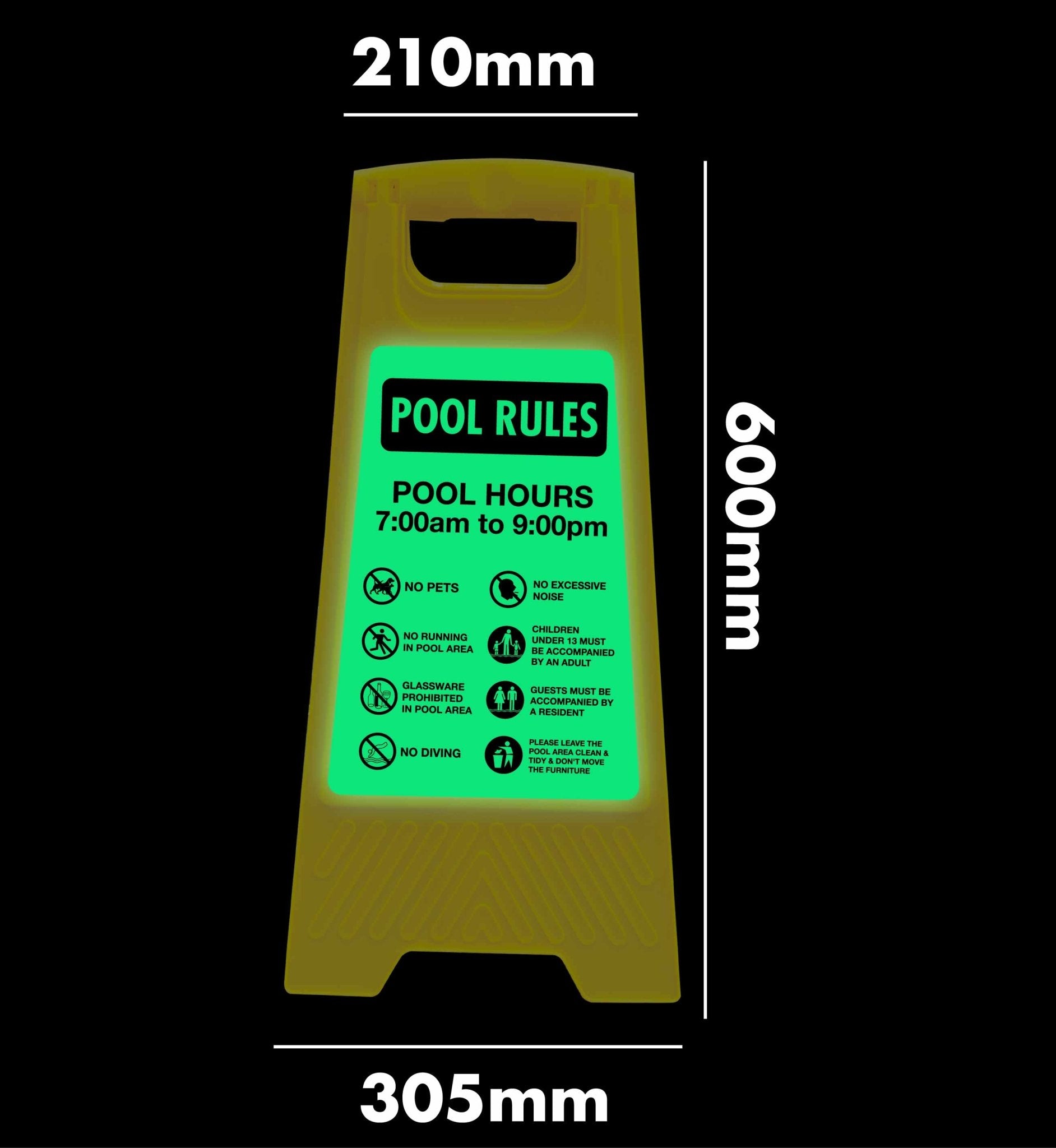 Glow In The Dark - Yellow A - Frame - Pool Rules 1 Pool Hours 7am - 9pm - New Signs