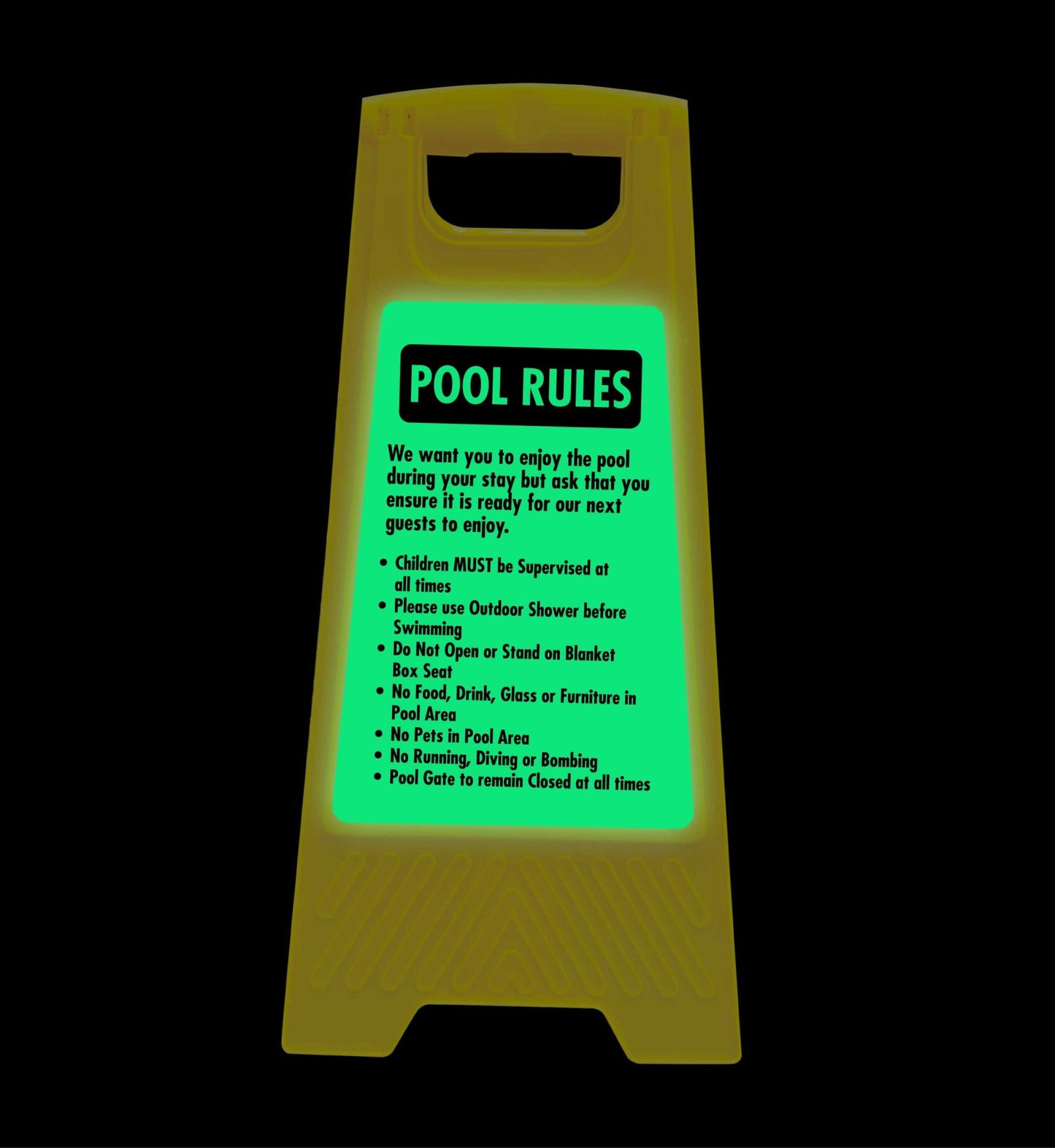 Glow In The Dark - Yellow A - Frame - Pool Rules 4 - New Signs