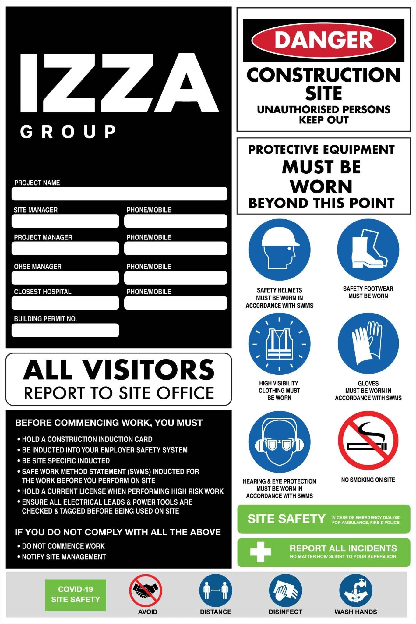 IZG Construction Site Entry Compliance Covid SWMS 600mm x 900mm Sign - New Signs