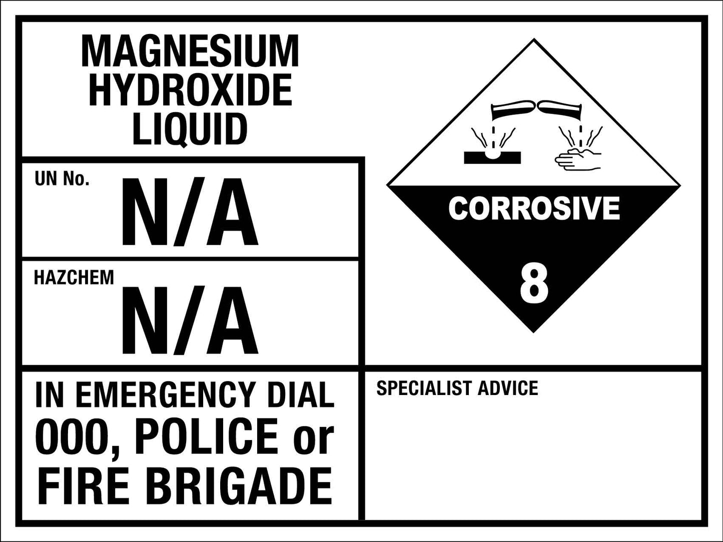 Magnesium Hydroxide Liquid Emergency Information Sign - New Signs
