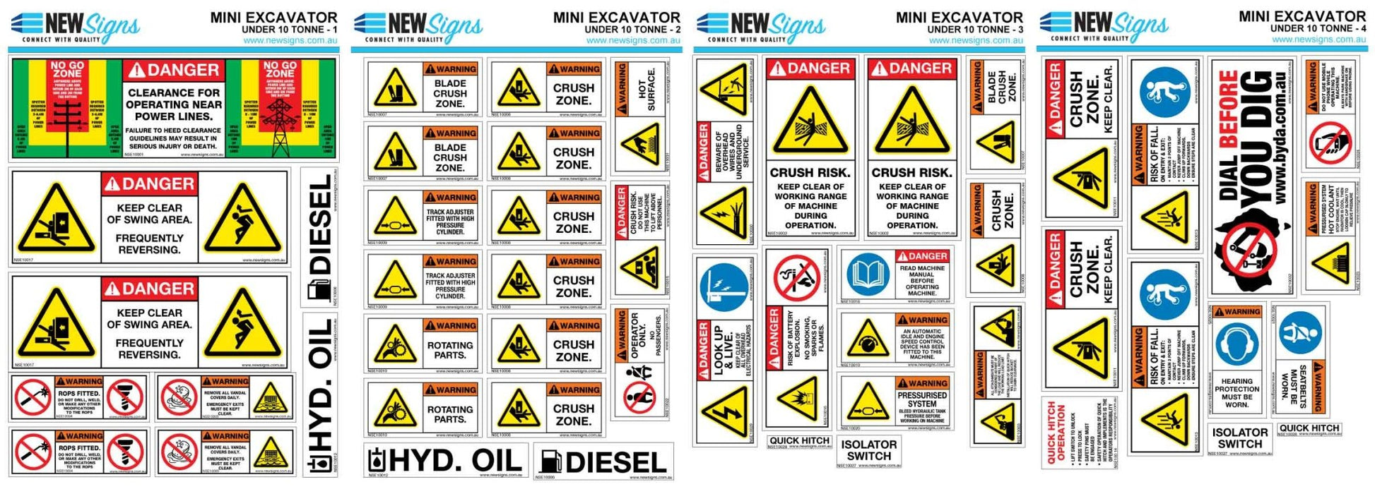 Mini Excavator Under 10 Tonnes Machine Safety Sticker Set - New Signs