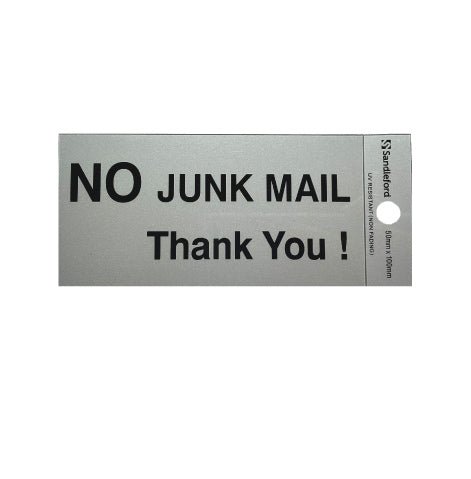 No Junk Mail Thank you - Silver Self Adhesive Sign - 100 x 50mm - New Signs