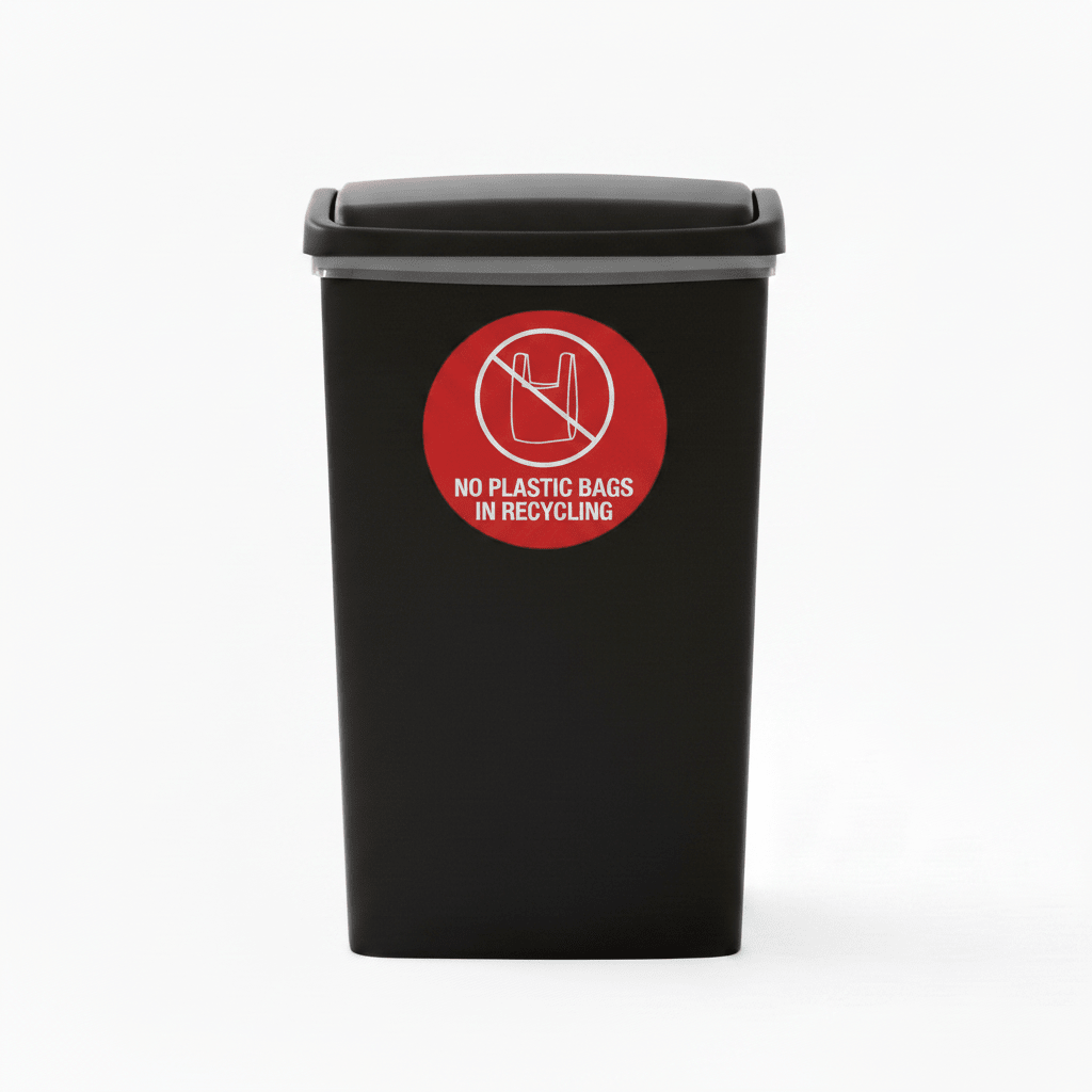 No Plastic Bags in Recycling Circle Bin Sticker - New Signs
