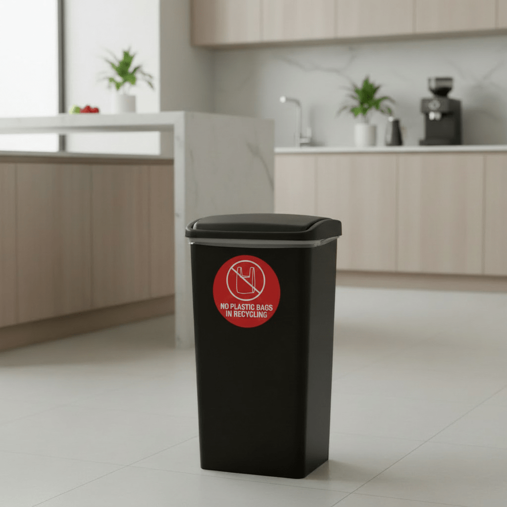 No Plastic Bags in Recycling Circle Bin Sticker - New Signs