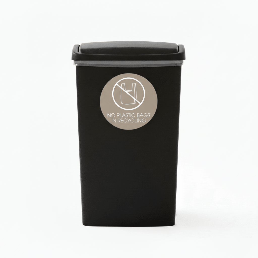 No Plastic Bags in Recycling Fawn Background Circle Bin Sticker - New Signs